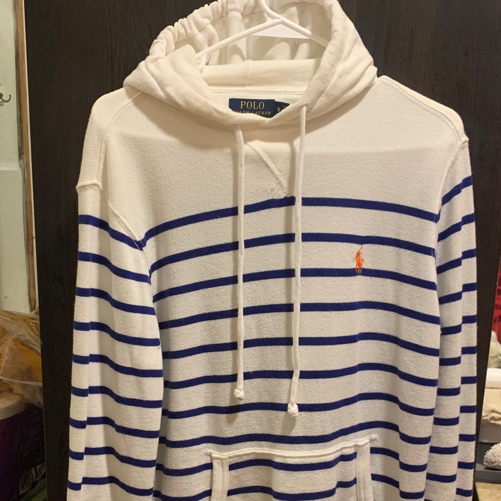 Polo by Ralph Lauren Men's Cream and Blue Striped Hoodie